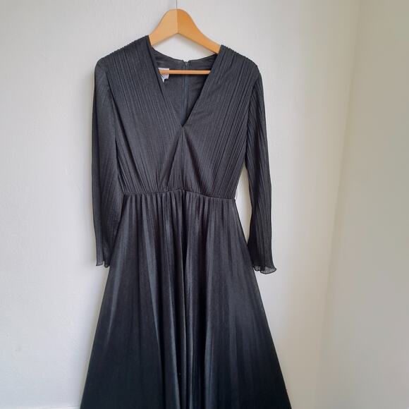 Miss Rubette Vintage Black Pleated Maxi Dress Sheer Sleeves 60s 70s Sz 12 - Picture 6 of 11